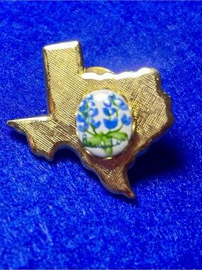 Texas Shaped Gold-tone Pin with Bluebonnet Accent-vintage. Hand painted.